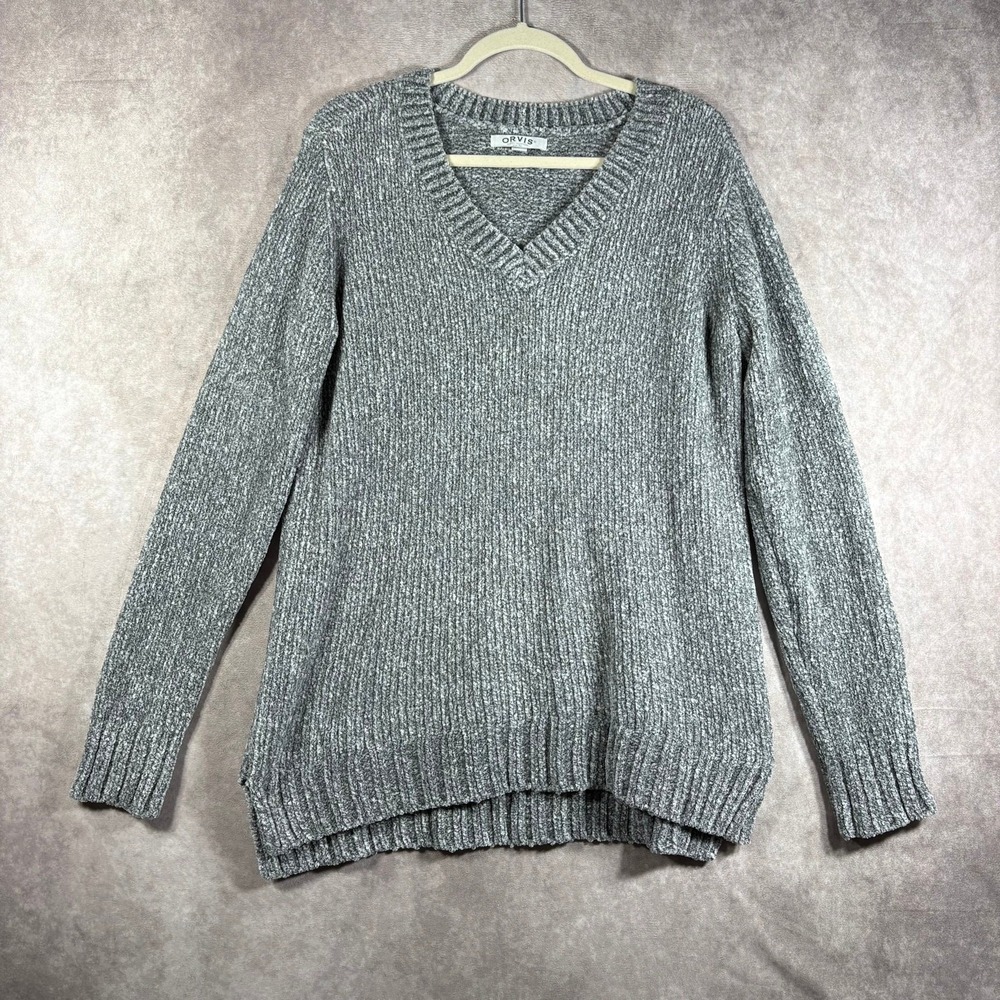 Orvis Chenille Sweater Womens Size Medium Gray Chunky Knit V-Neck Pullover Cabin